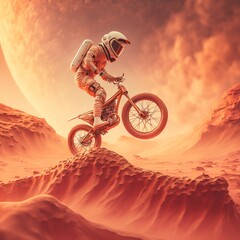 Astronaut doing bmx cycle stunt in Mars. Generative AI.