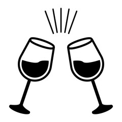 Monochrome vector graphic of two glasses of wine being chinked together in a toast or celebration