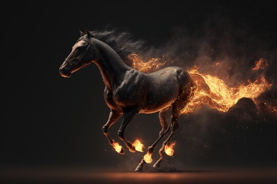 Brown horse running between fire flame. Generative AI. Generative AI.