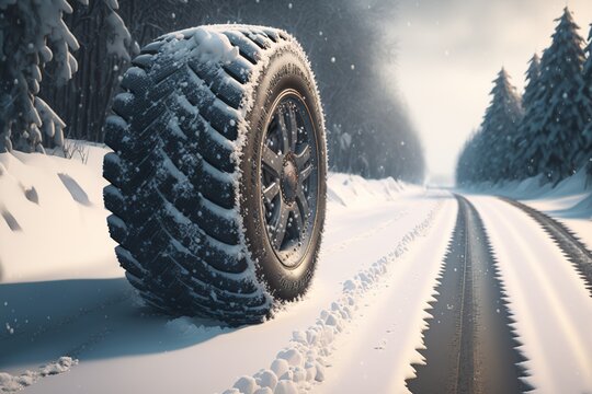 Studded tire on a snowy road. Generative AI.