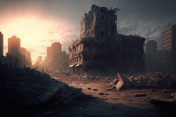 Destroyed city, war zone. Generative AI.