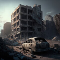 Destroyed city, war zone. Generative AI.