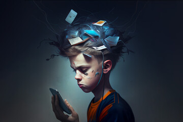 Generated IA illustration of addicted teenager at the phone using without control - social media and network addicted concept and lifestyle - obrazy, fototapety, plakaty