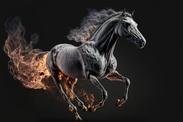 Fototapeta na wymiar Grey horse running between fire flame. Generative AI. Generative AI.