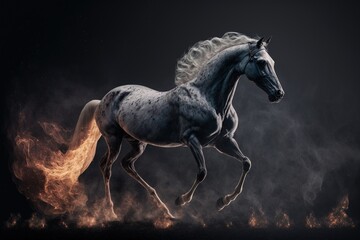 Obraz premium Grey horse running between fire flame. Generative AI. Generative AI.