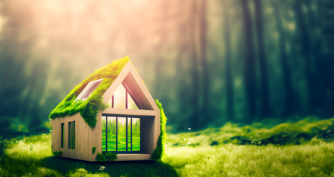 Eco House In Green Environment Concept,  Wooden Home in Grass, Illustration generativ ai 
