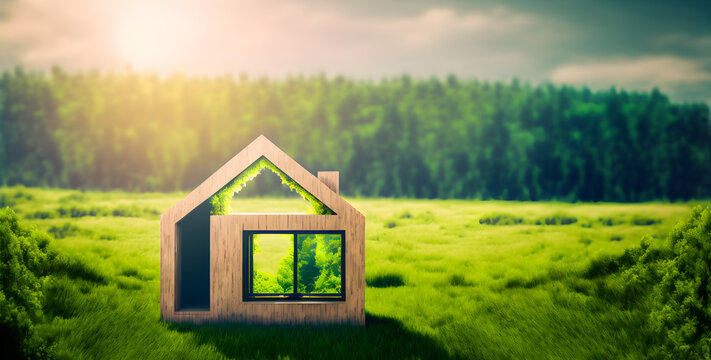 Eco House In Green Environment Concept,  Wooden Home in Grass, Illustration generativ ai 