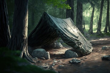 Primitive tarp shelter in the woods. Generative AI. - obrazy, fototapety, plakaty
