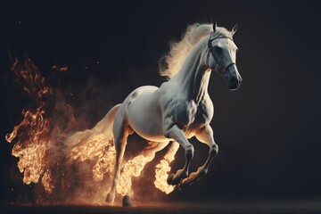 Naklejka na ściany i meble White horse running between fire flame. Generative AI.