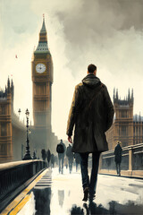 Back view of a man walking on Westminster Bridge with Big Ben - illustration - Generative AI