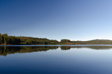 Fototapeta na wymiar Mountain lake with calm water like a mirror where the trees of the forest are reflected.