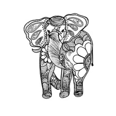 Elephant hand drawn. Mandala coloring book. T-shirt printing, posters. Tattoo, yoga, ethnic background.
