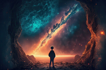 Fototapeta premium ai midjourney generated illustration of a boy looking to a magic colorful universe