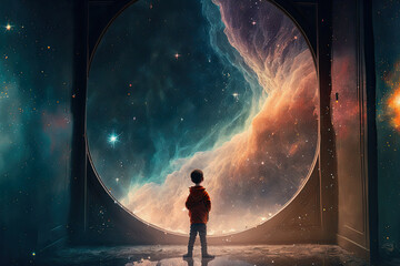 ai midjourney generated illustration of a boy looking out of a round window to a magic colorful universe