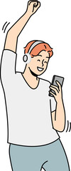 Happy man listen to music in earphones