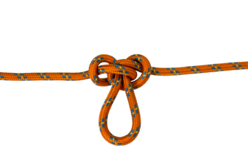 Alpine Butterfly Knot, orange rope, example of knot used outdoors,  transparent background, png	