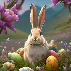 The Easter bunny sits in a beautiful fantasy landscape with eggs