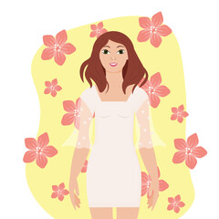 Woman's Day greeting card. Spring composition. Vector Greeting Card template. Cute girl, behind her spring flowers on a yellow background.