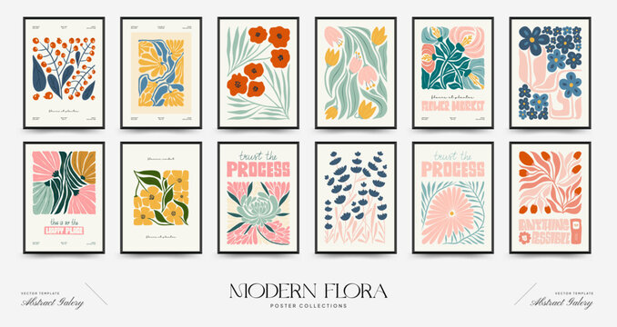 Abstract floral posters template. Modern trendy Matisse minimal style. Pink and blue colors. Hand drawn design for wallpaper, wall decor, print, postcard, cover, template, banner. 