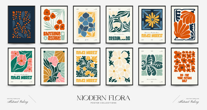 Fototapeta Abstract floral posters template. Modern trendy Matisse minimal style. Pink and blue colors. Hand drawn design for wallpaper, wall decor, print, postcard, cover, template, banner.