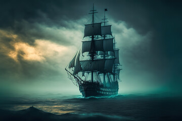 a pirate ship sailing in the ocean on a foggy day, art illustration 