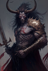painting of a demon holding a sword, concept art illustration 