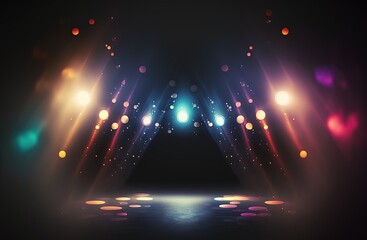 illustration of spotlights shine on stage floor in dark room, idea for background, backdrop, colorful lights Generative Ai - obrazy, fototapety, plakaty