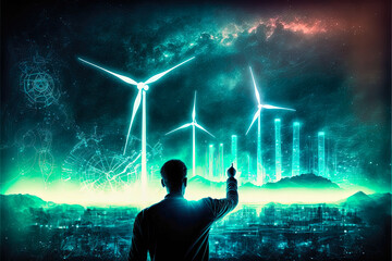 Fototapeta Human silhouette in front of a digital screen projecting a technological simulation of a wind turbine providing clean and renewable energy for the societies of the future. Modernity is ecology. obraz