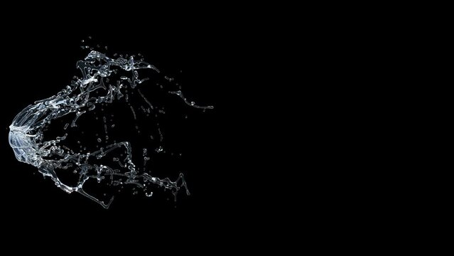 Transparent splash of water on black background. Slow motion 3D Illistration.