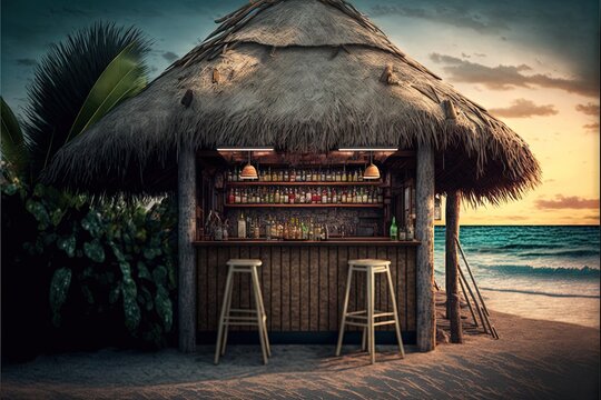  a bar on the beach with a tiki bar and two stools in front of it and a sunset in the background with clouds.  generative ai