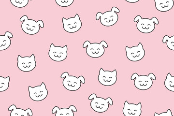 seamless pattern with pets, cute linear icons of puppies and kittens on a pink background.
