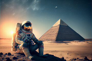 astronaut sitting in front of a pyramid - obrazy, fototapety, plakaty