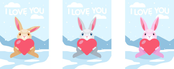 Groovy greeting card with cute bunny for Happy Valentines day. Old school vintage style cartoon posters with hearts and lines. Vector lovely illustration in blue white yellow violet pink red colors