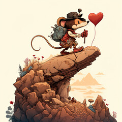 A cute mouse character, adventurous, holding flowers and hearts for Valentine's Day, being in love. Generative AI