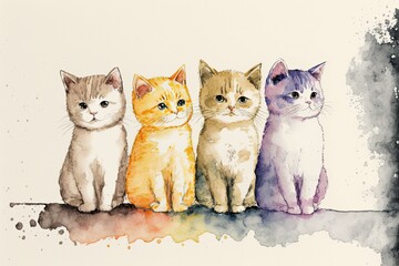 Four kittens different colours sitting. Watercolour painting. Generated AI art.