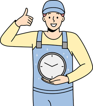 Smiling man in uniform holding clock