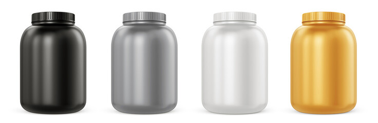 Gray, black, white and gold plastic protein powder jar on white - obrazy, fototapety, plakaty