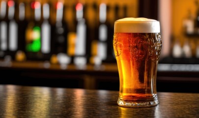 Glass of beer over a bar counter. Generative AI