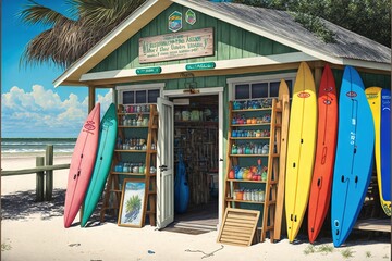  a store with a bunch of surfboards in front of it and a sign that says, surf shop, and a bunch of surfboards.  generative ai