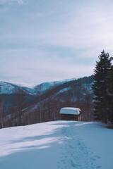 Fototapeta na wymiar Panorama di casa di montagna con la neve 