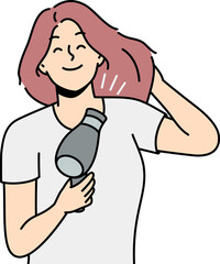 Smiling woman blow hair with fan