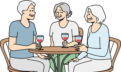 Smiling old people sit in cafe drink wine
