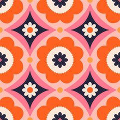 Beautiful abstract pattern with floral tiles. Vector seamless texture with symmetrical design. Background in retro bold style - 565452901