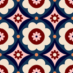 Beautiful abstract pattern with floral tiles. Vector seamless texture with symmetrical design. Background in retro bold style
