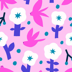 Fototapeta na wymiar Cute vector pattern with flowers and birds. Seamless texture with cut out flowers, birds, dots and berries. Artistic background in childish naive style