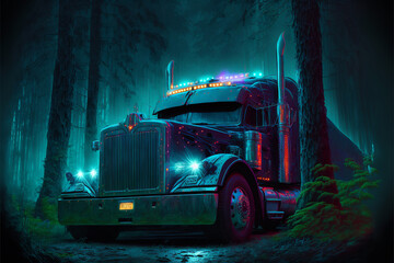 Amerykańska ciężarówka na drodze leśnej nocą