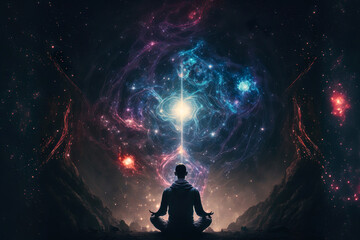 Meditation transcending human existence. Surreal illustration. Ai generative 