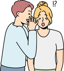 Man whisper secret information to shocked woman