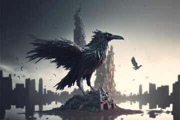 Obraz premium Illustration of a crow with a building in the background, Ai generated