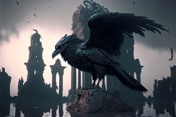 Obraz premium Illustration of a crow with a building in the background, Ai generated